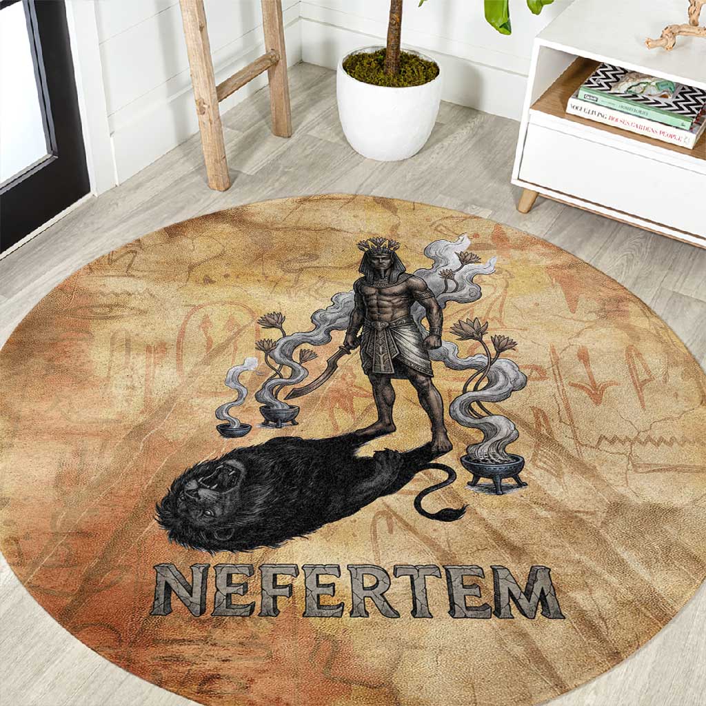 Nefertem Ancient Egyptian Round Carpet Lion Head Lotus Flowers Incense Smoke Ancient