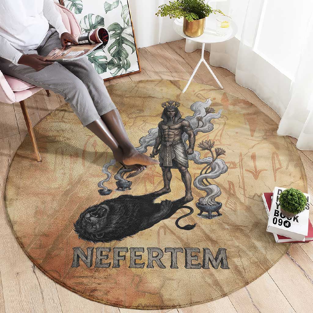 Nefertem Ancient Egyptian Round Carpet Lion Head Lotus Flowers Incense Smoke Ancient