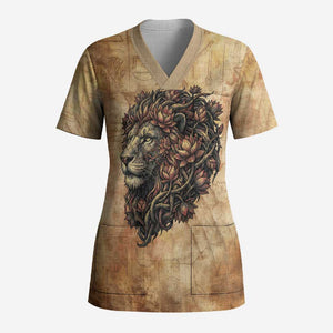 Nefertem Ancient Egyptian Scrub Top Lion Head Lotus Flowers Incense Smoke Ancient