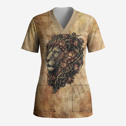 Nefertem Ancient Egyptian Scrub Top Lion Head Lotus Flowers Incense Smoke Ancient