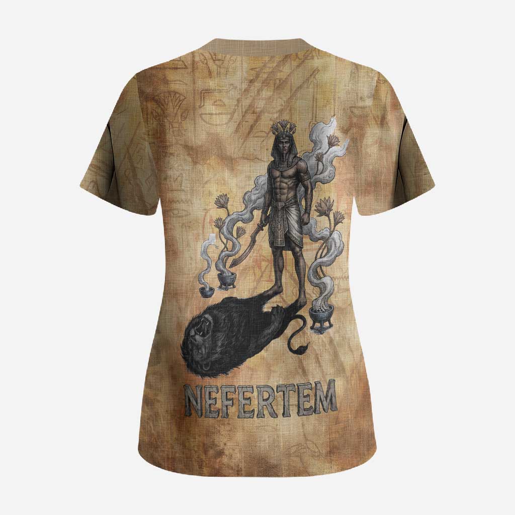 Nefertem Ancient Egyptian Scrub Top Lion Head Lotus Flowers Incense Smoke Ancient