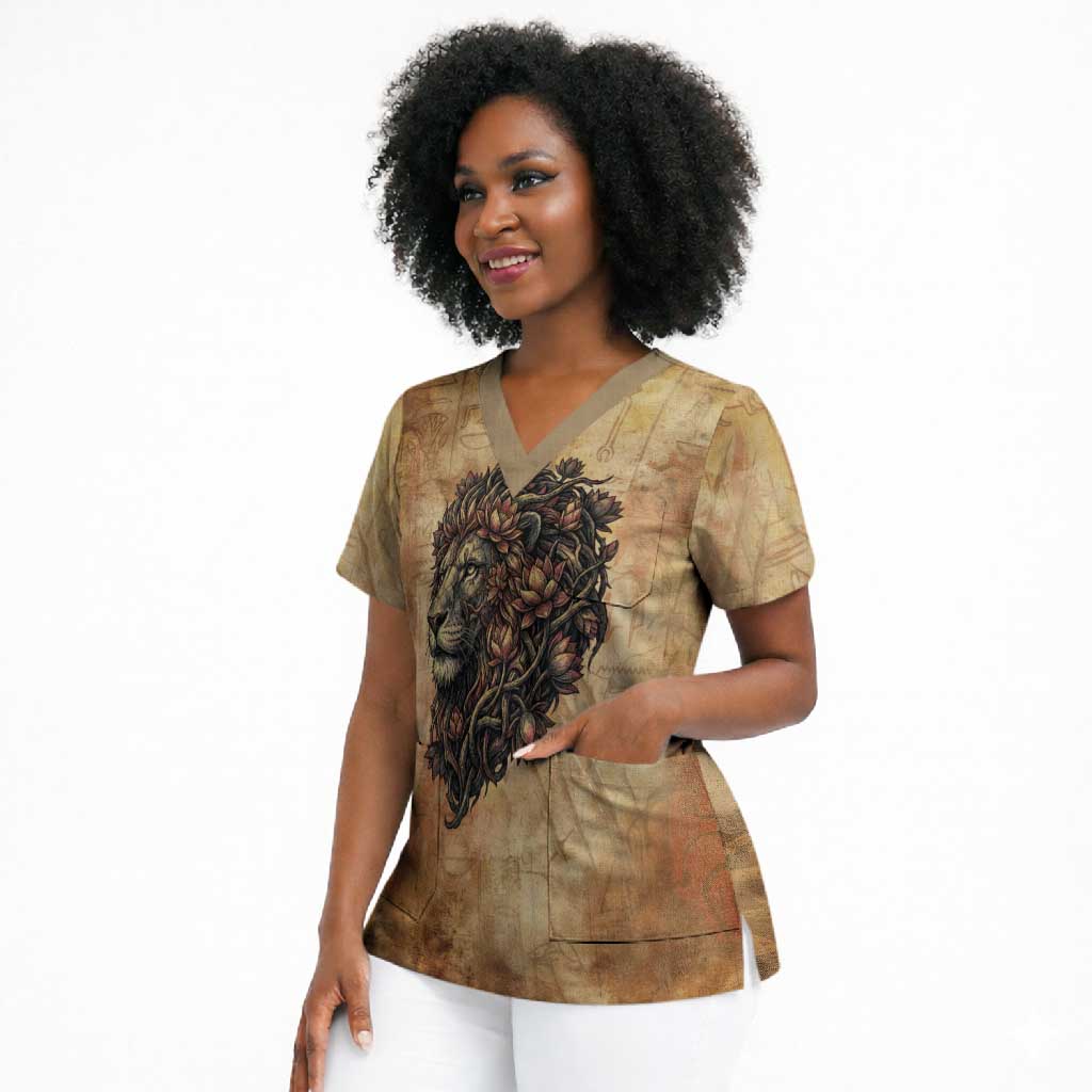 Nefertem Ancient Egyptian Scrub Top Lion Head Lotus Flowers Incense Smoke Ancient