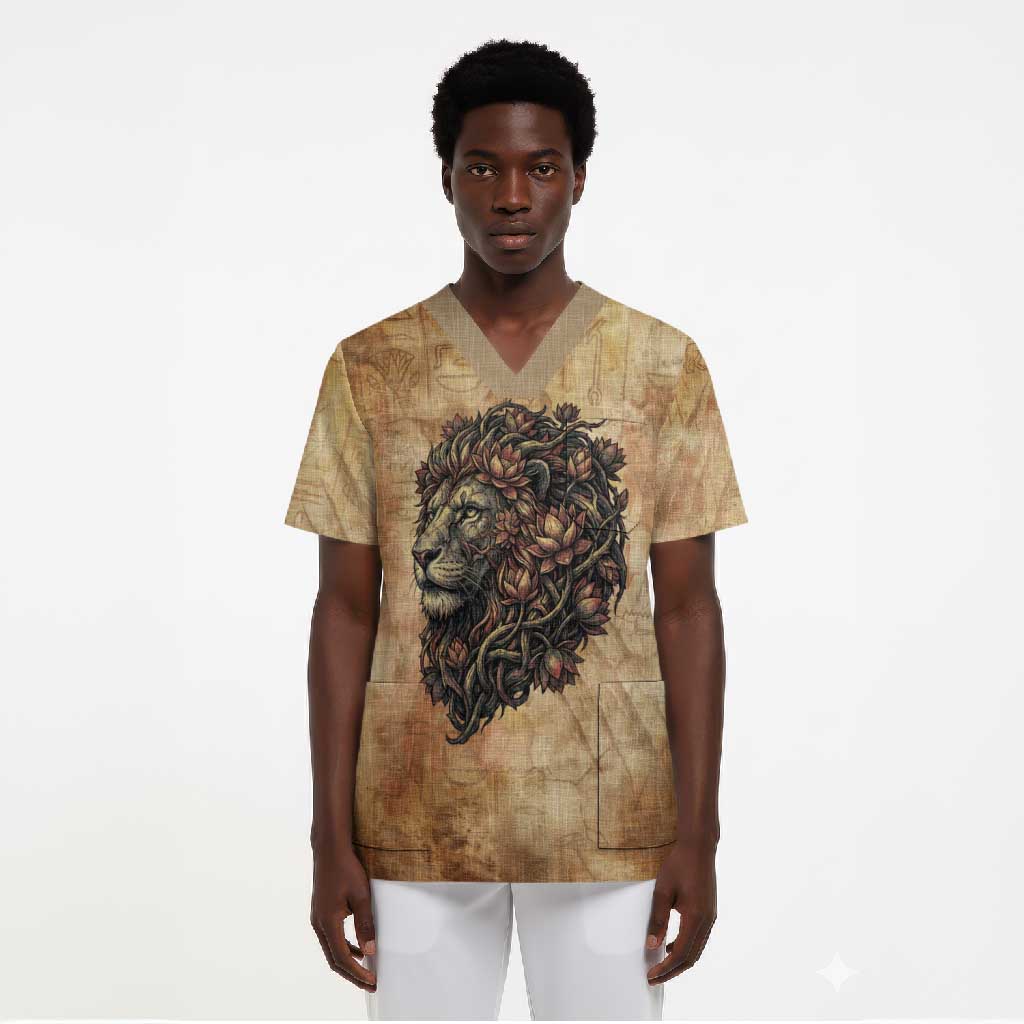 Nefertem Ancient Egyptian Scrub Top Lion Head Lotus Flowers Incense Smoke Ancient