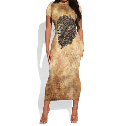 Nefertem Ancient Egyptian Short Sleeve Bodycon Dress Lion Head Lotus Flowers Incense Smoke Ancient