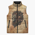 Nefertem Ancient Egyptian Sleeveless Puffer Jacket Lion Head Lotus Flowers Incense Smoke Ancient