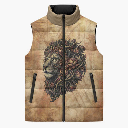 Nefertem Ancient Egyptian Sleeveless Puffer Jacket Lion Head Lotus Flowers Incense Smoke Ancient