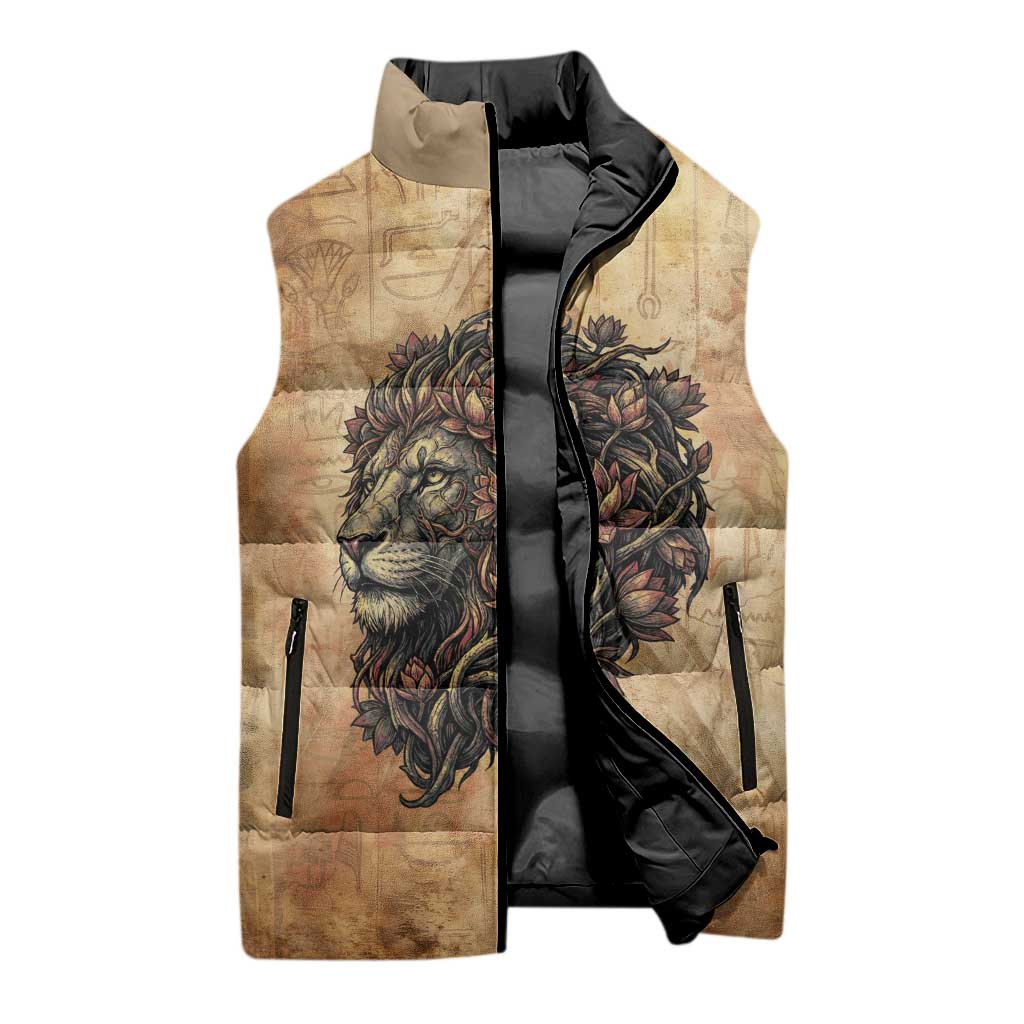 Nefertem Ancient Egyptian Sleeveless Puffer Jacket Lion Head Lotus Flowers Incense Smoke Ancient