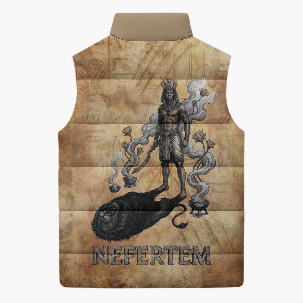 Nefertem Ancient Egyptian Sleeveless Puffer Jacket Lion Head Lotus Flowers Incense Smoke Ancient