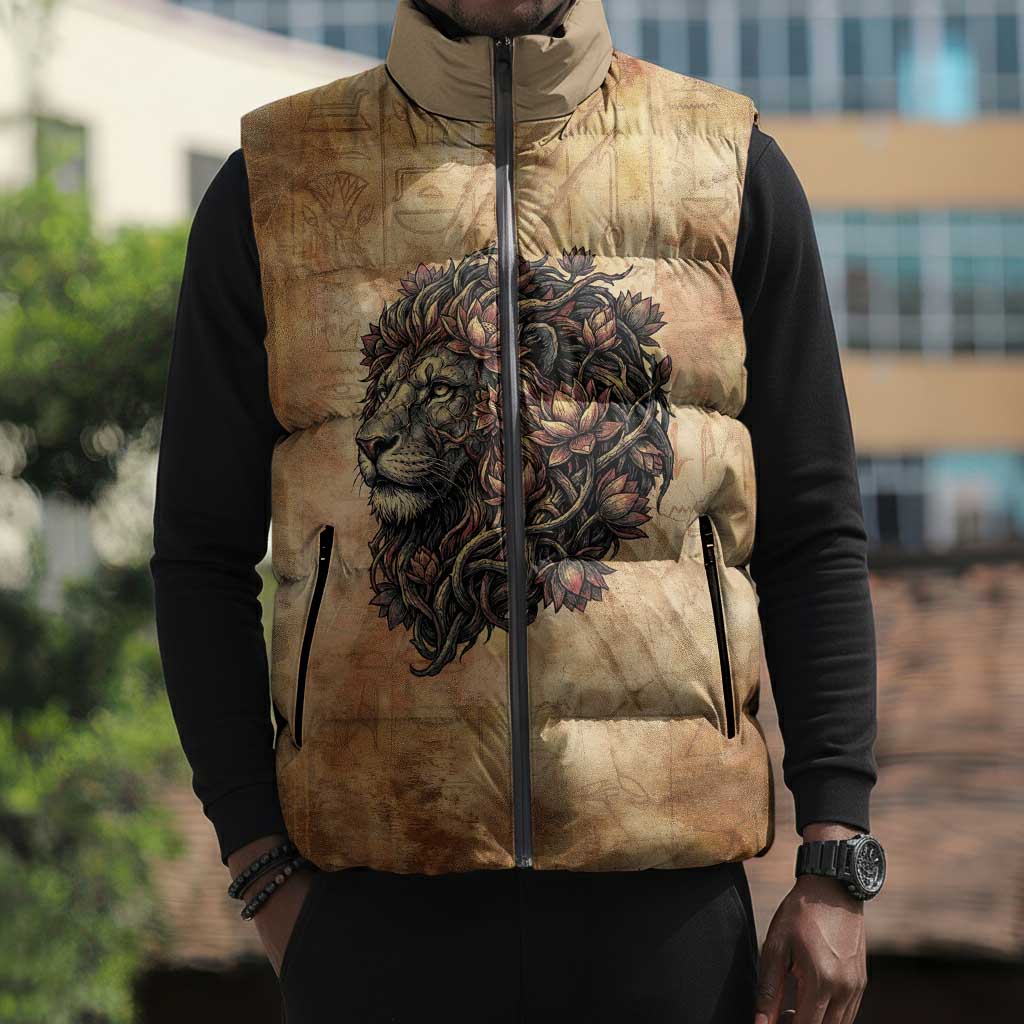 Nefertem Ancient Egyptian Sleeveless Puffer Jacket Lion Head Lotus Flowers Incense Smoke Ancient