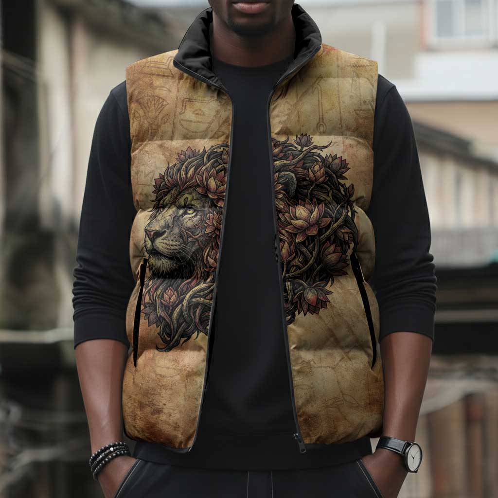 Nefertem Ancient Egyptian Sleeveless Puffer Jacket Lion Head Lotus Flowers Incense Smoke Ancient