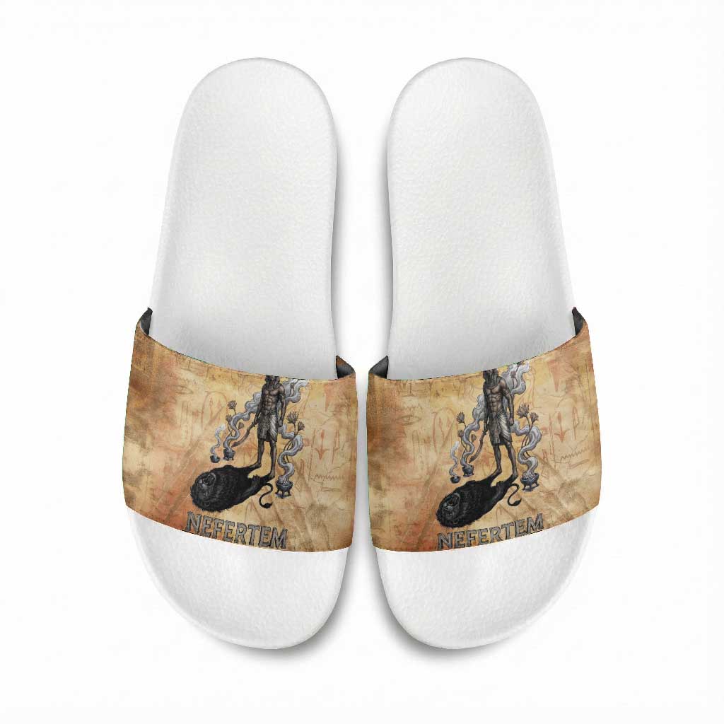 Nefertem Ancient Egyptian Slide Sandals Lion Head Lotus Flowers Incense Smoke Ancient