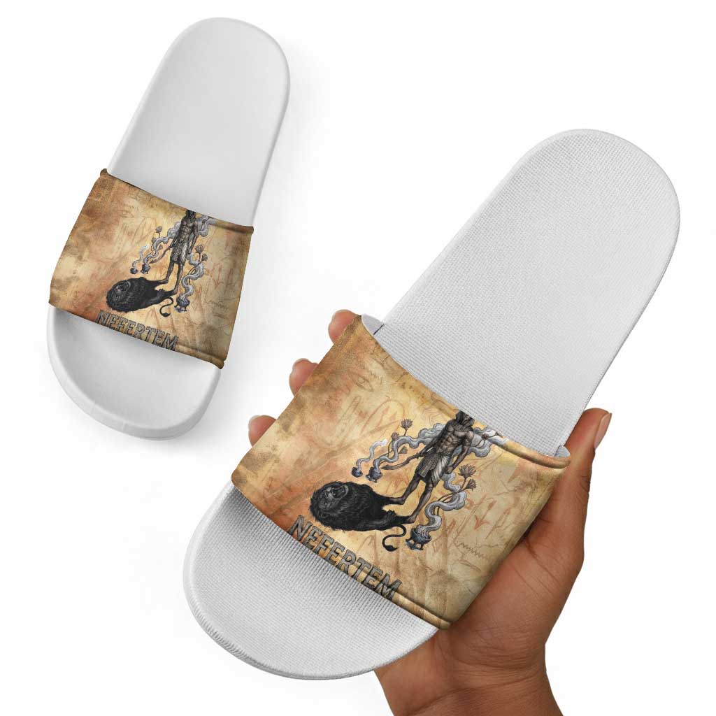 Nefertem Ancient Egyptian Slide Sandals Lion Head Lotus Flowers Incense Smoke Ancient