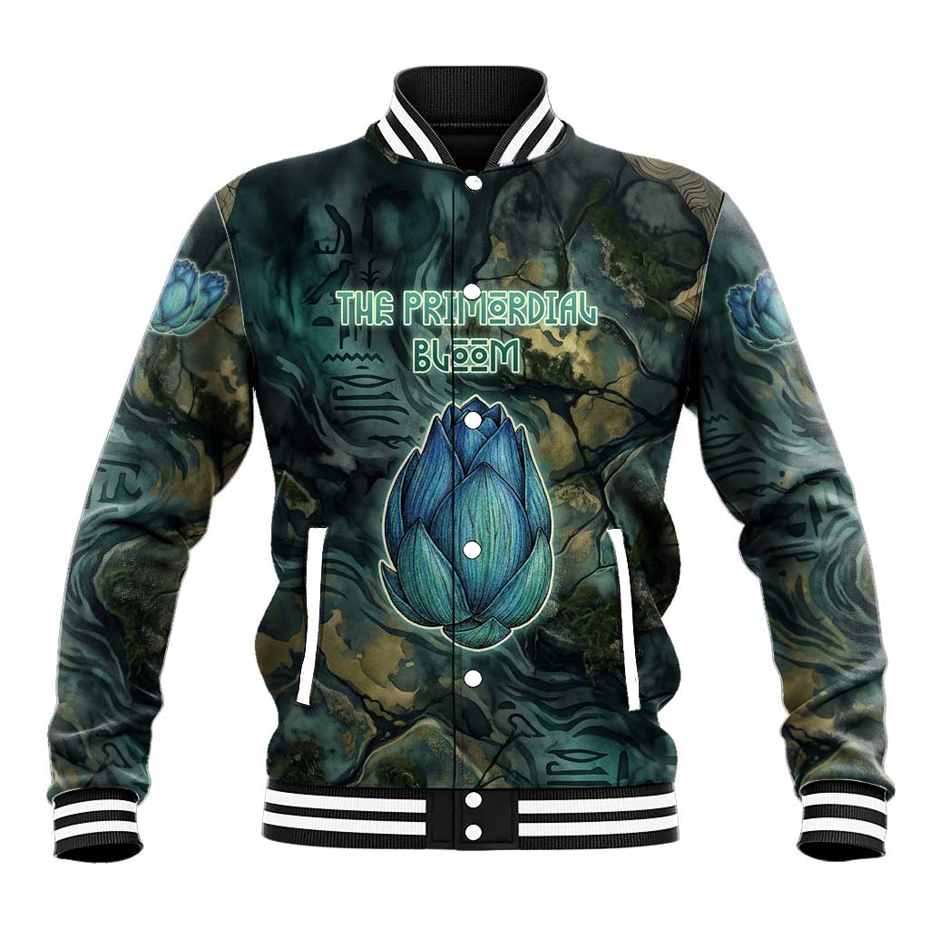 Nefertem Baseball Jacket Primordial Bloom Lotus Mystical Lion Cosmic Egyptian