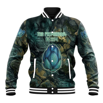 Nefertem Baseball Jacket Primordial Bloom Lotus Mystical Lion Cosmic Egyptian