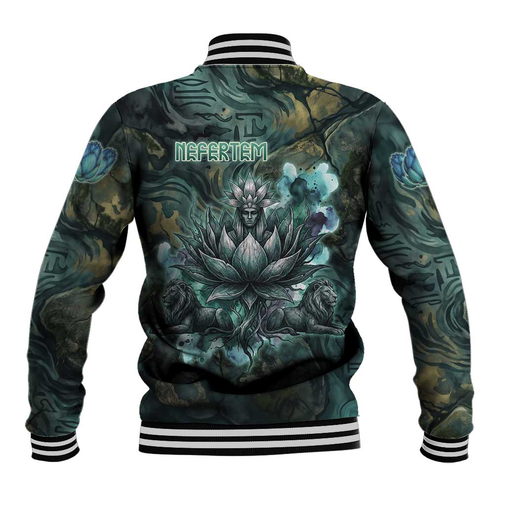 Nefertem Baseball Jacket Primordial Bloom Lotus Mystical Lion Cosmic Egyptian