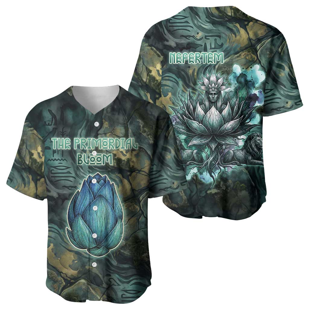 Nefertem Baseball Jersey Primordial Bloom Lotus Mystical Lion Cosmic Egyptian