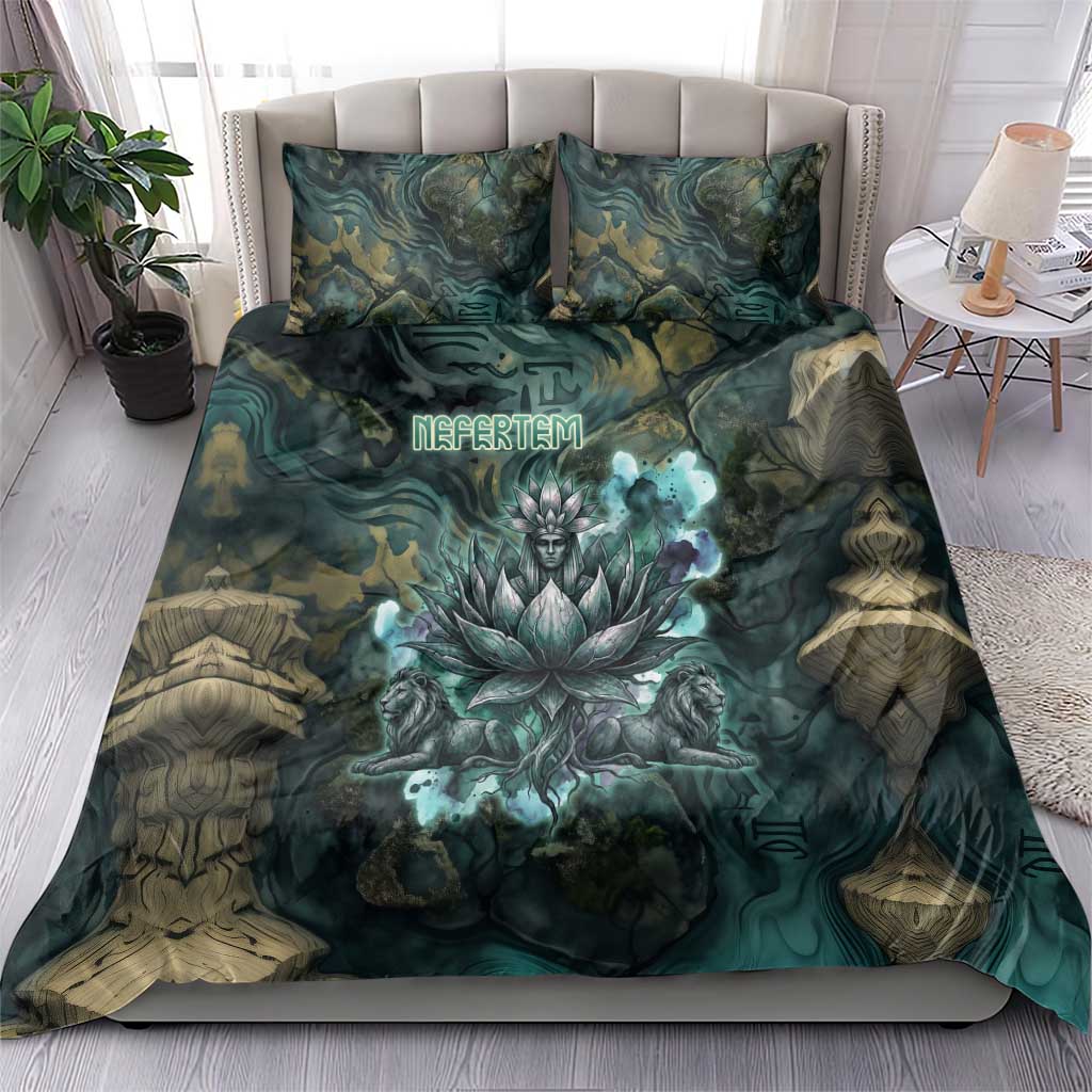 Nefertem Bedding Set Primordial Bloom Lotus Mystical Lion Cosmic Egyptian