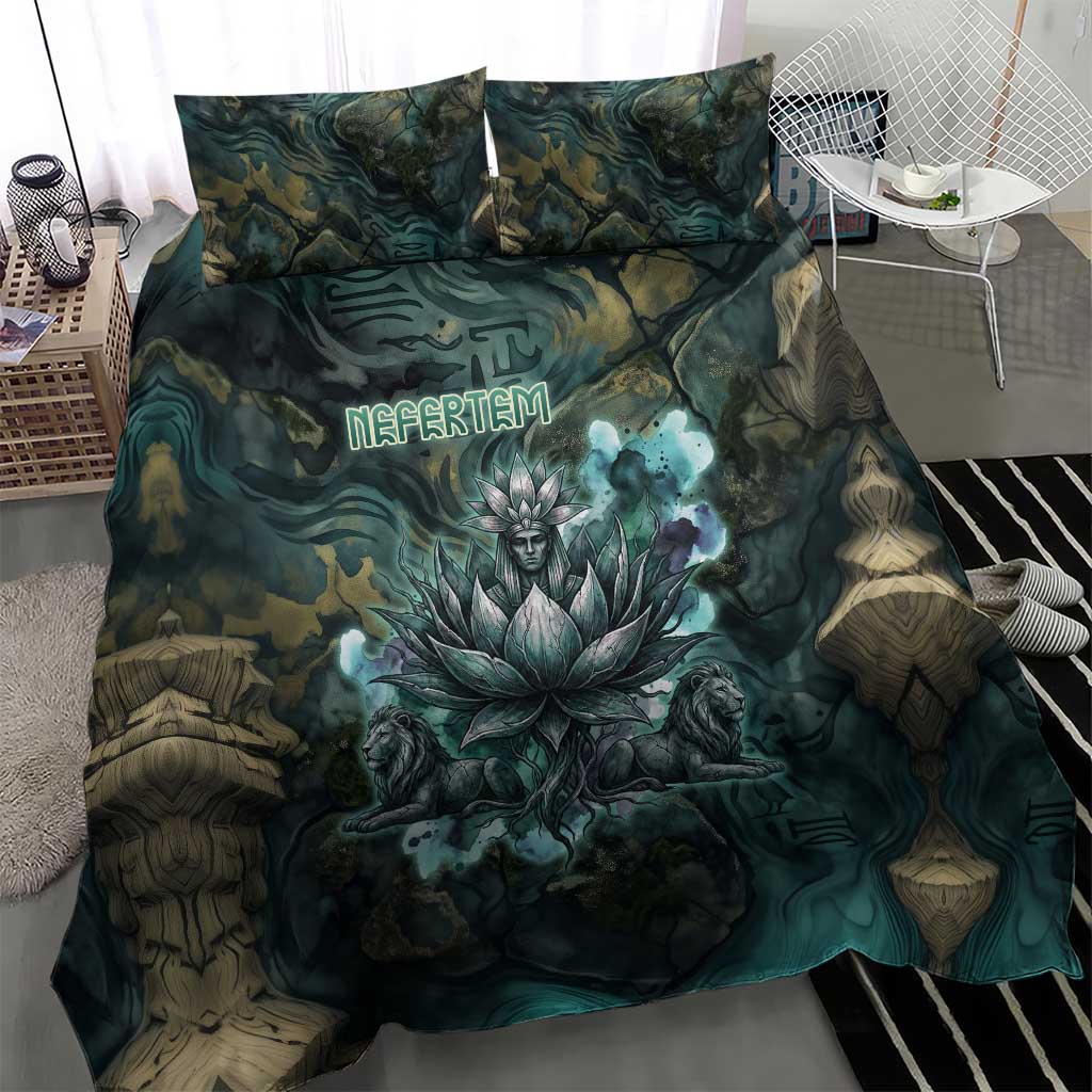 Nefertem Bedding Set Primordial Bloom Lotus Mystical Lion Cosmic Egyptian