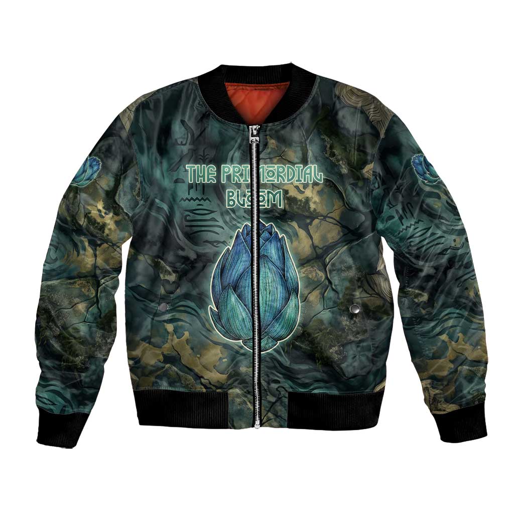Nefertem Bomber Jacket Primordial Bloom Lotus Mystical Lion Cosmic Egyptian