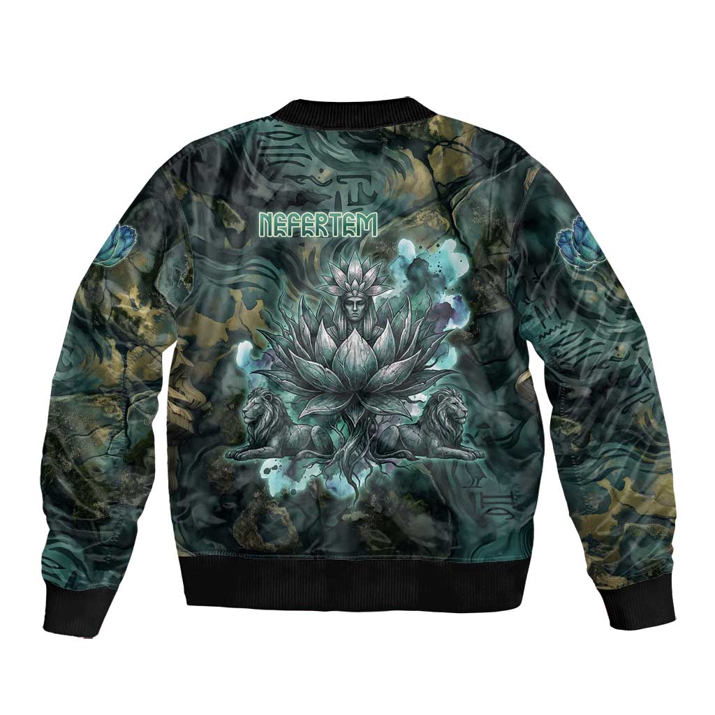 Nefertem Bomber Jacket Primordial Bloom Lotus Mystical Lion Cosmic Egyptian
