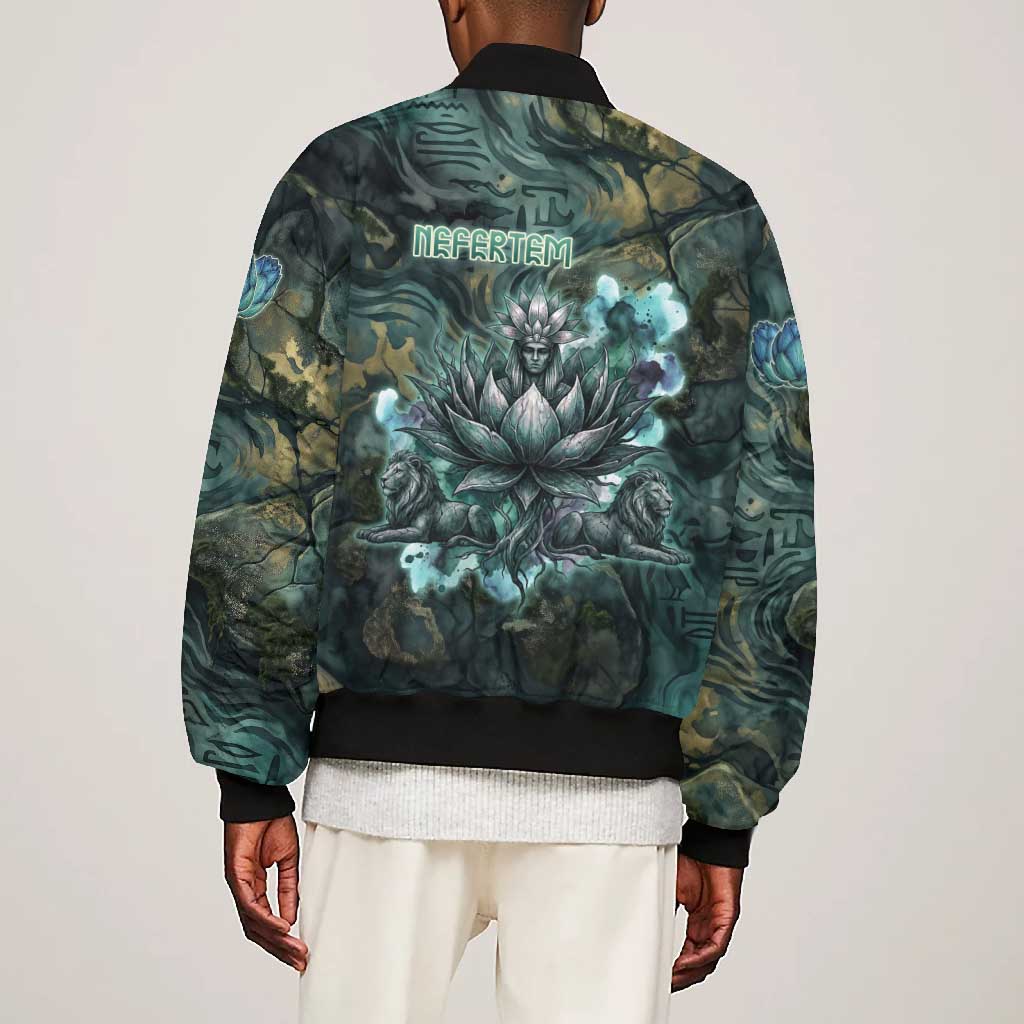 Nefertem Bomber Jacket Primordial Bloom Lotus Mystical Lion Cosmic Egyptian