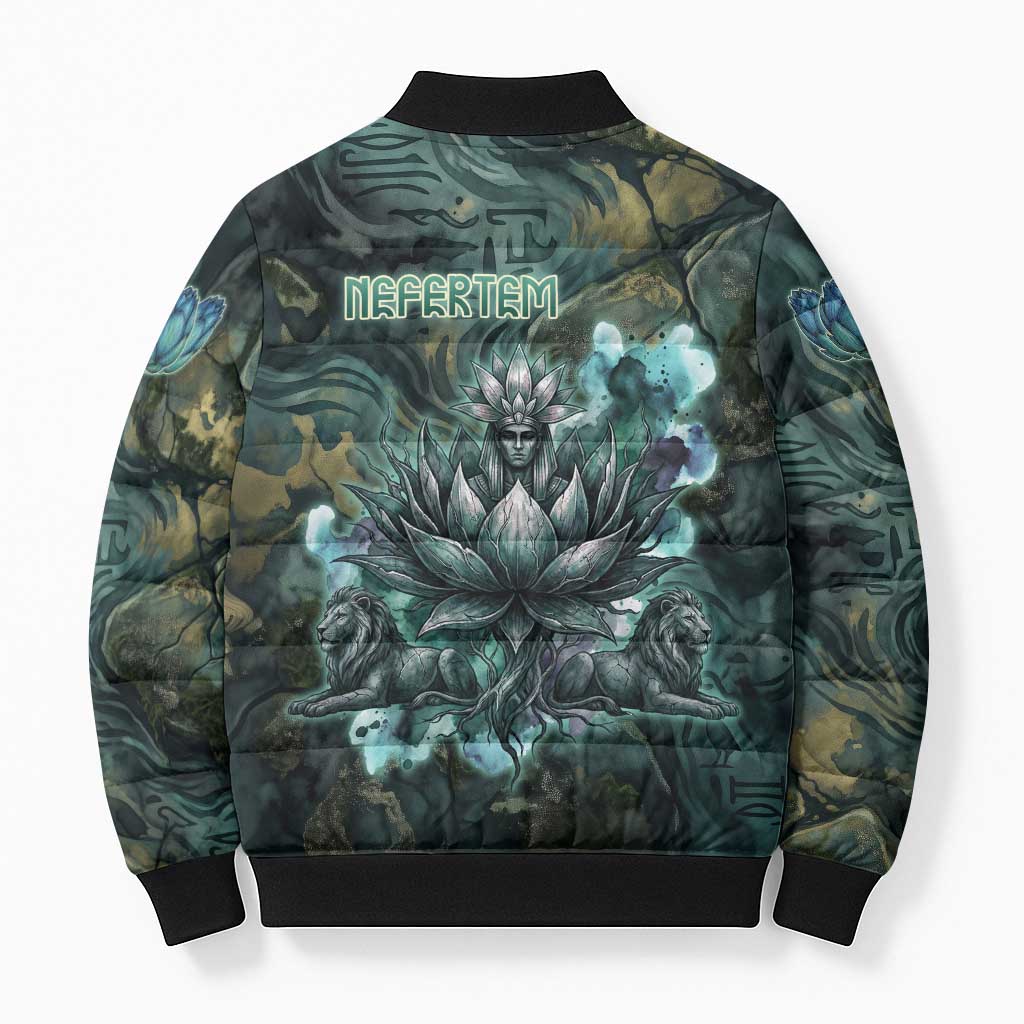 Nefertem Bomber Puffer Jacket Primordial Bloom Lotus Mystical Lion Cosmic Egyptian