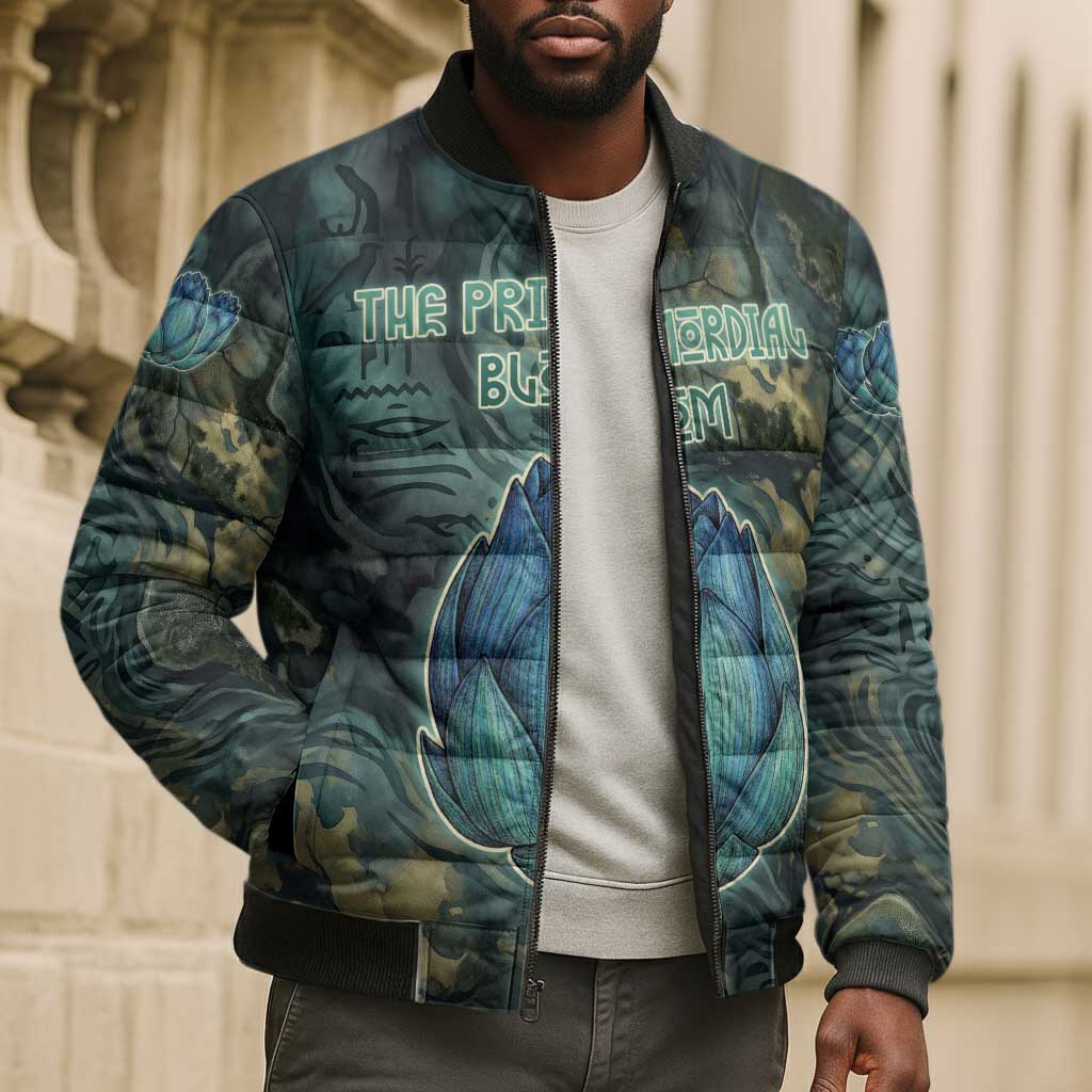 Nefertem Bomber Puffer Jacket Primordial Bloom Lotus Mystical Lion Cosmic Egyptian