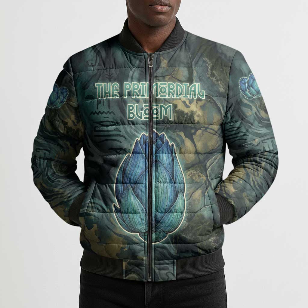 Nefertem Bomber Puffer Jacket Primordial Bloom Lotus Mystical Lion Cosmic Egyptian