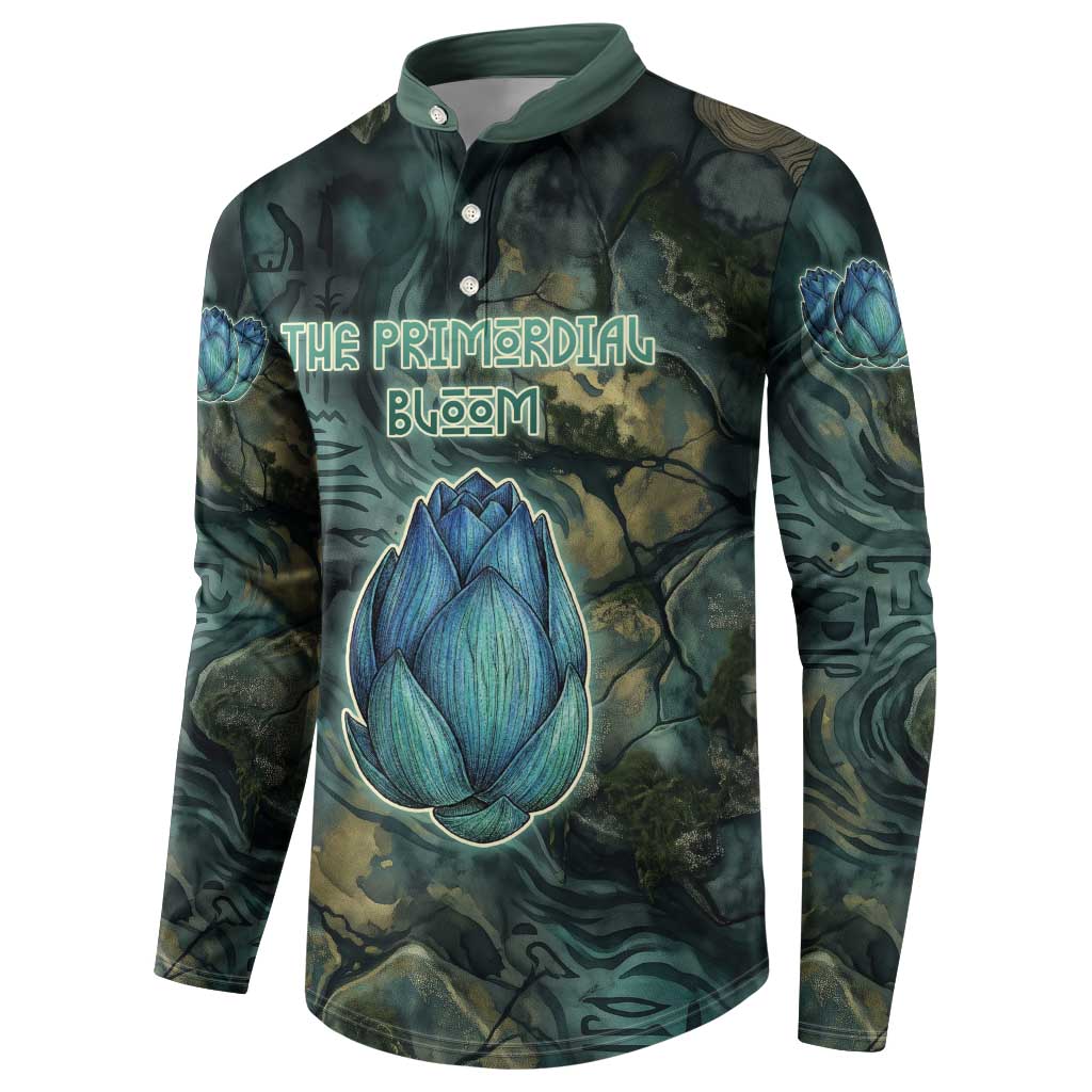 Nefertem Button Sweatshirt Primordial Bloom Lotus Mystical Lion Cosmic Egyptian
