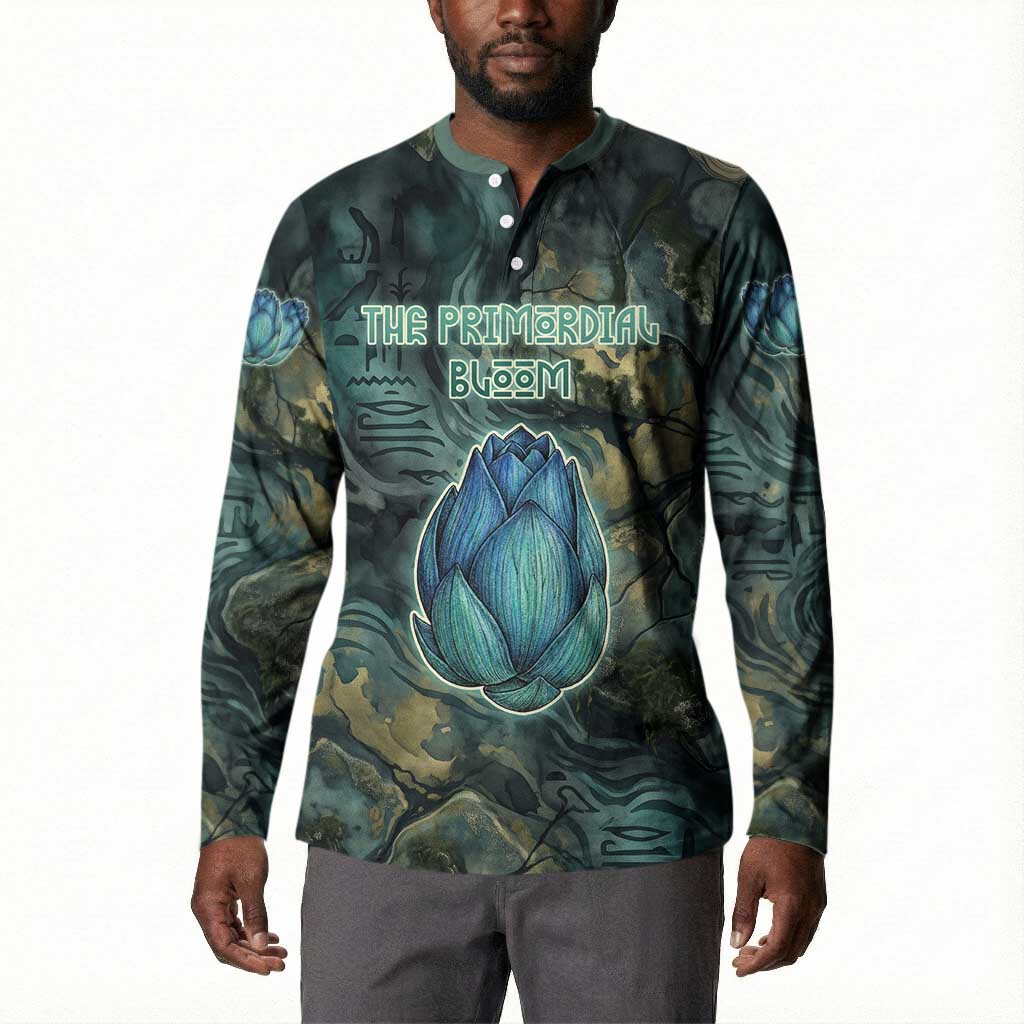Nefertem Button Sweatshirt Primordial Bloom Lotus Mystical Lion Cosmic Egyptian