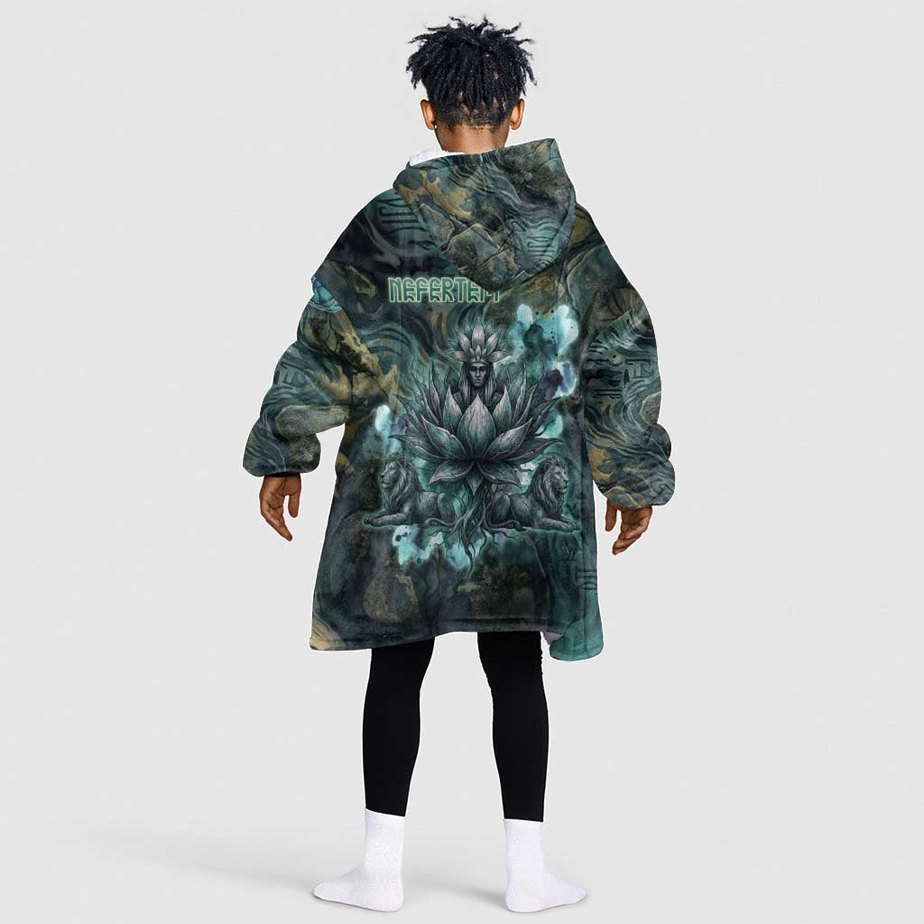 Nefertem Kid Wearable Blanket Hoodie Primordial Bloom Lotus Mystical Lion Cosmic Egyptian