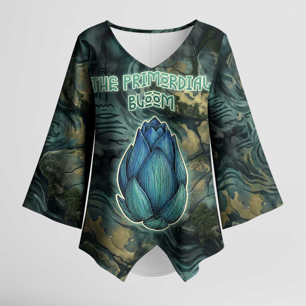 Nefertem Kimono Sleeve Blouse Primordial Bloom Lotus Mystical Lion Cosmic Egyptian