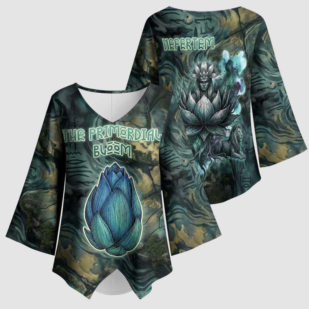 Nefertem Kimono Sleeve Blouse Primordial Bloom Lotus Mystical Lion Cosmic Egyptian