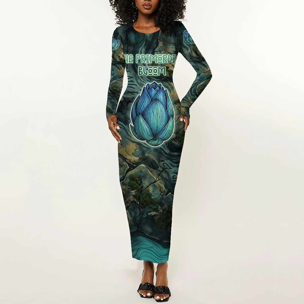 Nefertem Long Sleeve Bodycon Dress Primordial Bloom Lotus Mystical Lion Cosmic Egyptian