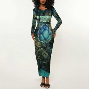 Nefertem Long Sleeve Bodycon Dress Primordial Bloom Lotus Mystical Lion Cosmic Egyptian