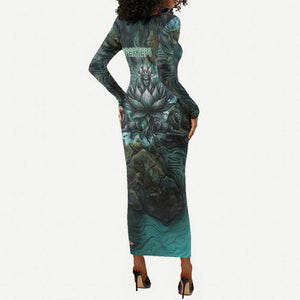 Nefertem Long Sleeve Bodycon Dress Primordial Bloom Lotus Mystical Lion Cosmic Egyptian
