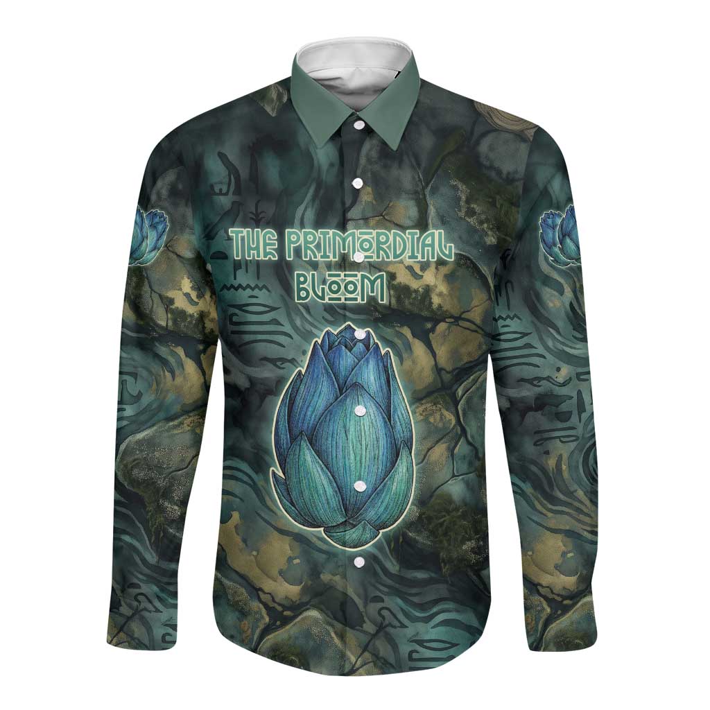 Nefertem Long Sleeve Button Shirt Primordial Bloom Lotus Mystical Lion Cosmic Egyptian