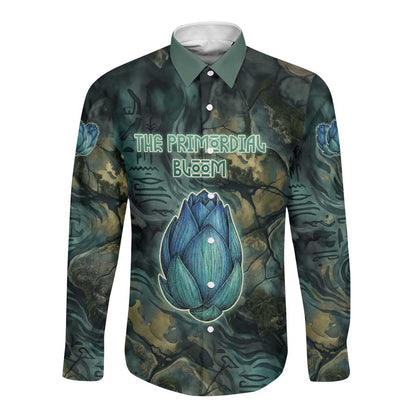 Nefertem Long Sleeve Button Shirt Primordial Bloom Lotus Mystical Lion Cosmic Egyptian