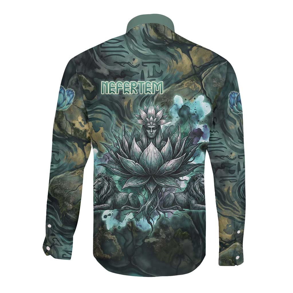 Nefertem Long Sleeve Button Shirt Primordial Bloom Lotus Mystical Lion Cosmic Egyptian