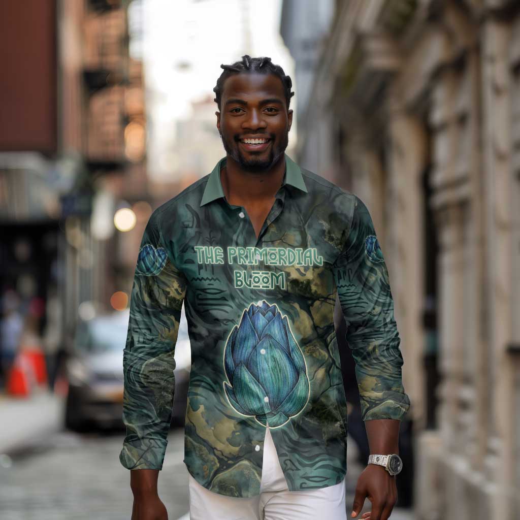 Nefertem Long Sleeve Button Shirt Primordial Bloom Lotus Mystical Lion Cosmic Egyptian
