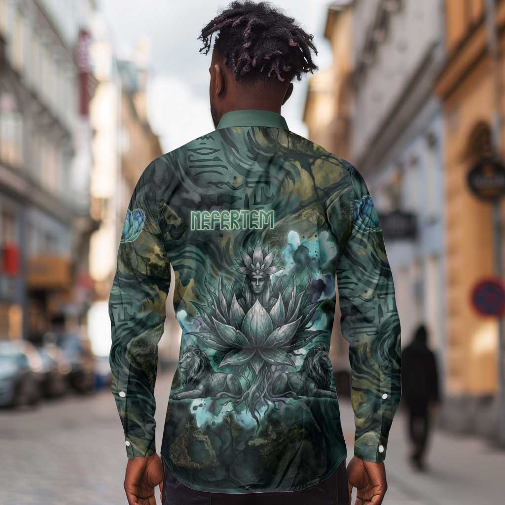 Nefertem Long Sleeve Button Shirt Primordial Bloom Lotus Mystical Lion Cosmic Egyptian
