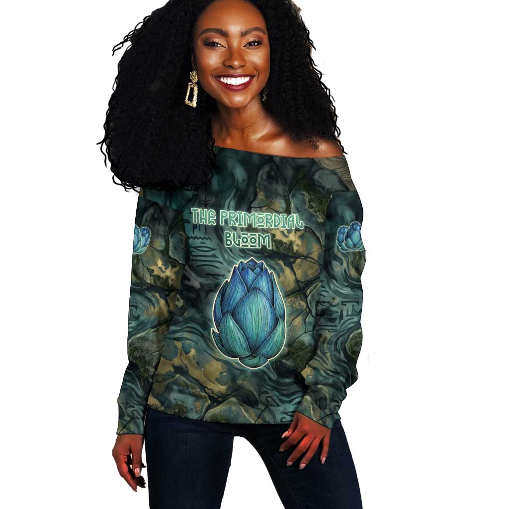 Nefertem Off Shoulder Sweater Primordial Bloom Lotus Mystical Lion Cosmic Egyptian
