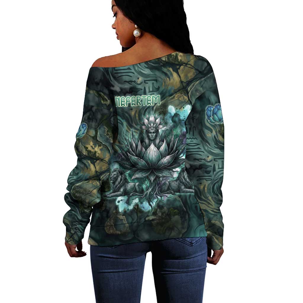 Nefertem Off Shoulder Sweater Primordial Bloom Lotus Mystical Lion Cosmic Egyptian