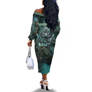 Nefertem Off The Shoulder Long Sleeve Dress Primordial Bloom Lotus Mystical Lion Cosmic Egyptian