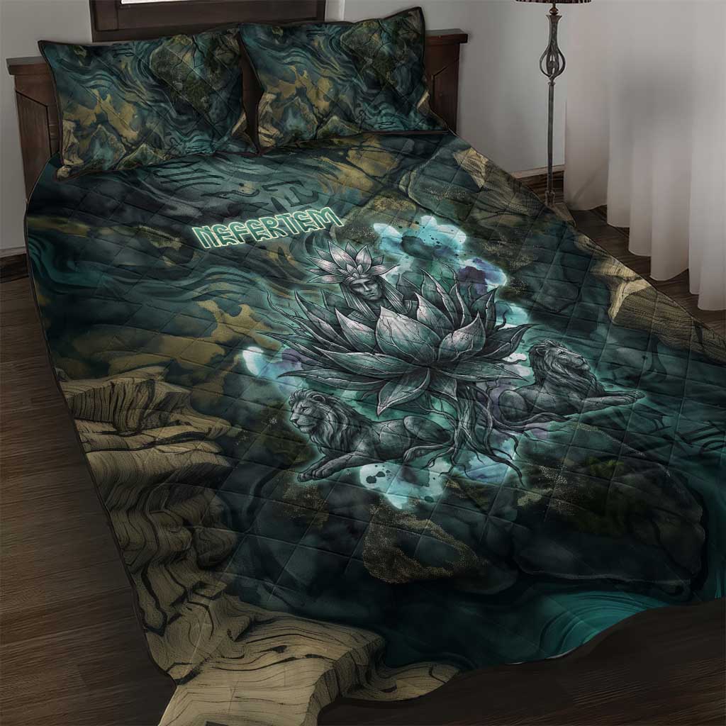 Nefertem Quilt Bed Set Primordial Bloom Lotus Mystical Lion Cosmic Egyptian