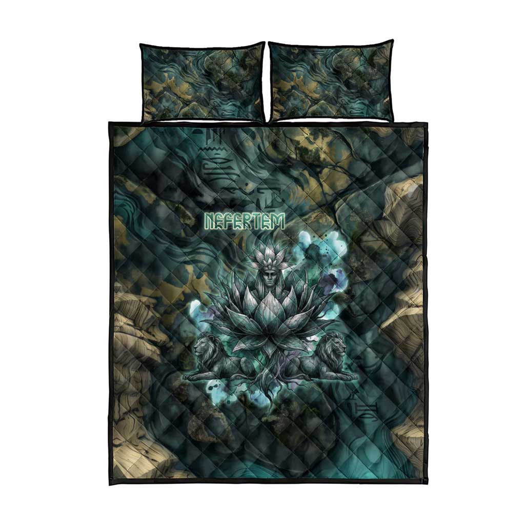 Nefertem Quilt Bed Set Primordial Bloom Lotus Mystical Lion Cosmic Egyptian