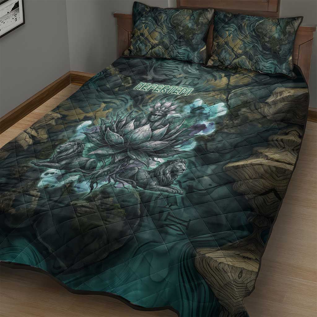 Nefertem Quilt Bed Set Primordial Bloom Lotus Mystical Lion Cosmic Egyptian