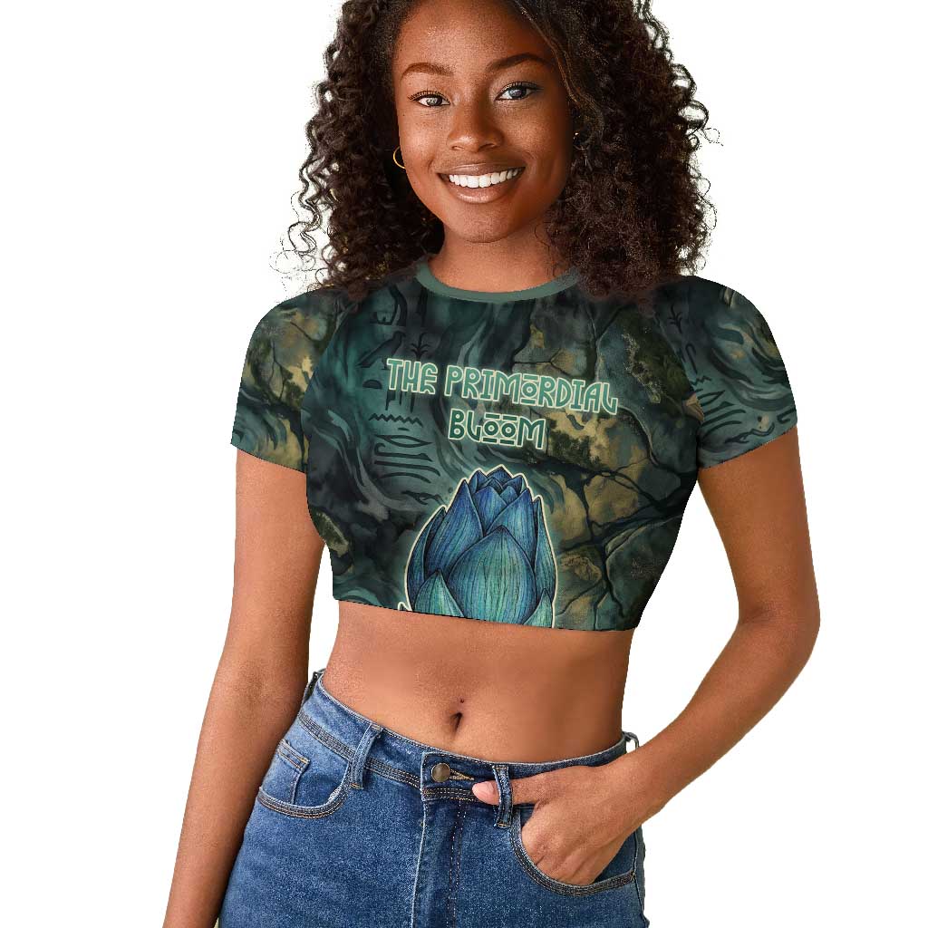 Nefertem Raglan Cropped T shirt Primordial Bloom Lotus Mystical Lion Cosmic Egyptian
