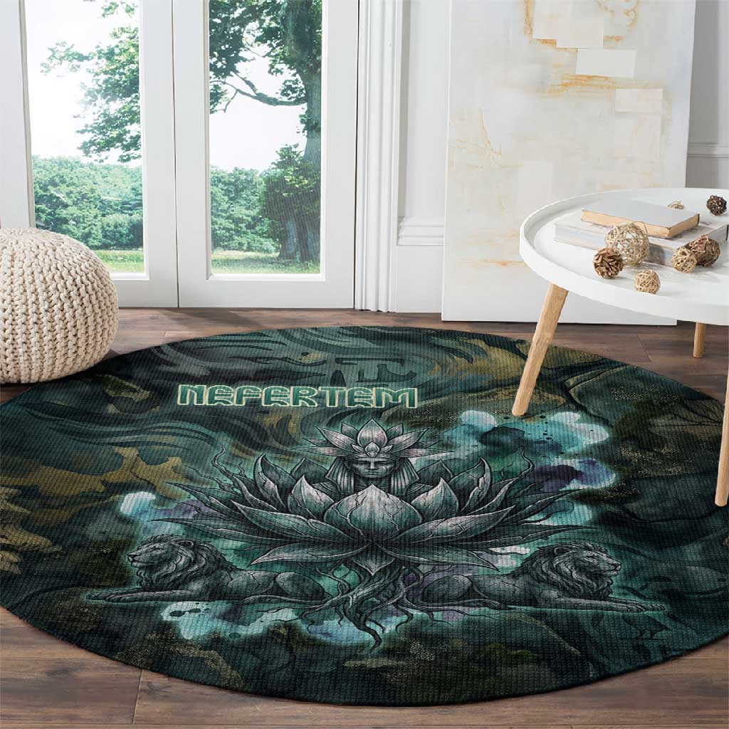 Nefertem Round Carpet Primordial Bloom Lotus Mystical Lion Cosmic Egyptian