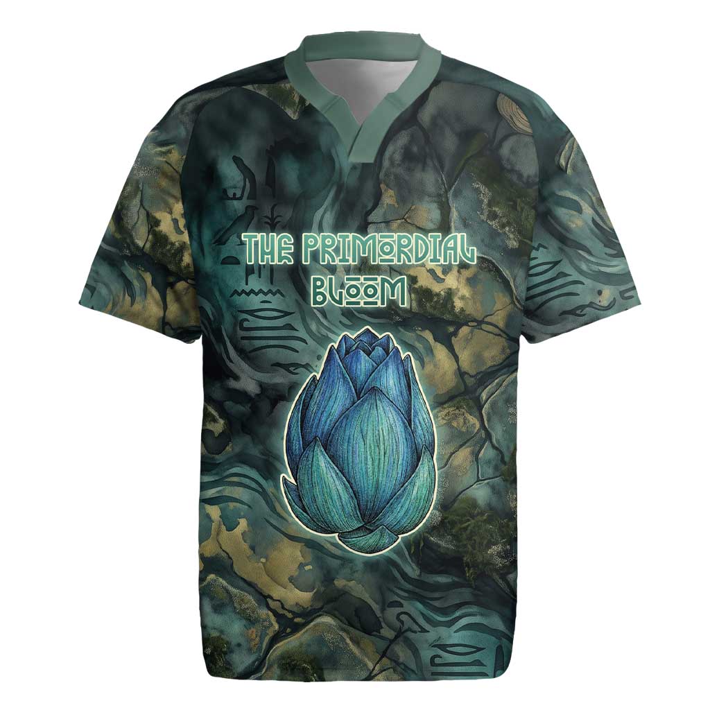Nefertem Rugby Jersey Primordial Bloom Lotus Mystical Lion Cosmic Egyptian